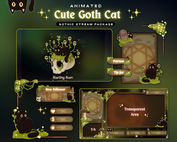 Animated Cute Goth Cat Stream Package, Twitch screen, Black Cat Overlay Stream Package, Cat Twitch Cute Twitch Overlay Vtuber star overlay