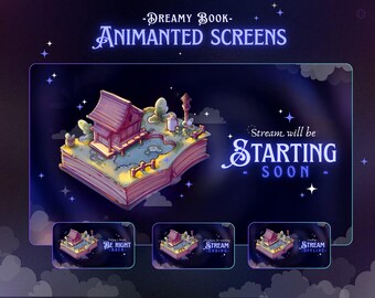 4x Animated Dreamy Book  Stream Screens for Twitch, Fantasy Night Theme, Cozy Graphic for Livestream