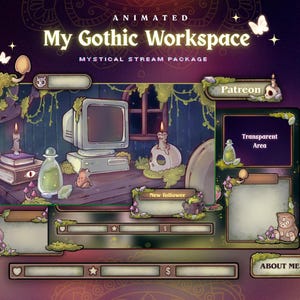 Peut inclure: Ensemble de flux animé "My Gothic Workspace" sur le thème mystique. Le design présente un ordinateur vintage, des bougies, un crâne et d'autres éléments gothiques. Les textes "Patreon", "New follower" et "About Me" sont visibles.