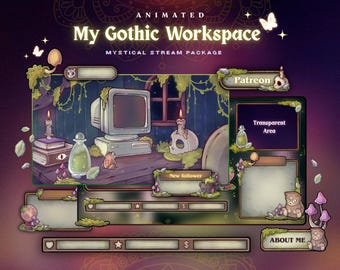 Animated Gothic Workspace Stream Package, Twitch screen, Magical Overlay Stream Package, Witchy Setup Twitch Overlay Vtuber star overlays