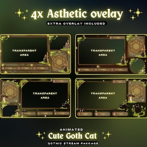 May include: Four animated "Asthetic overlay" designs for streaming, featuring a gothic theme. Each design includes a transparent area, decorative borders, and the text "Transparent Area." The phrase "Extra Overlay Included" is also present.