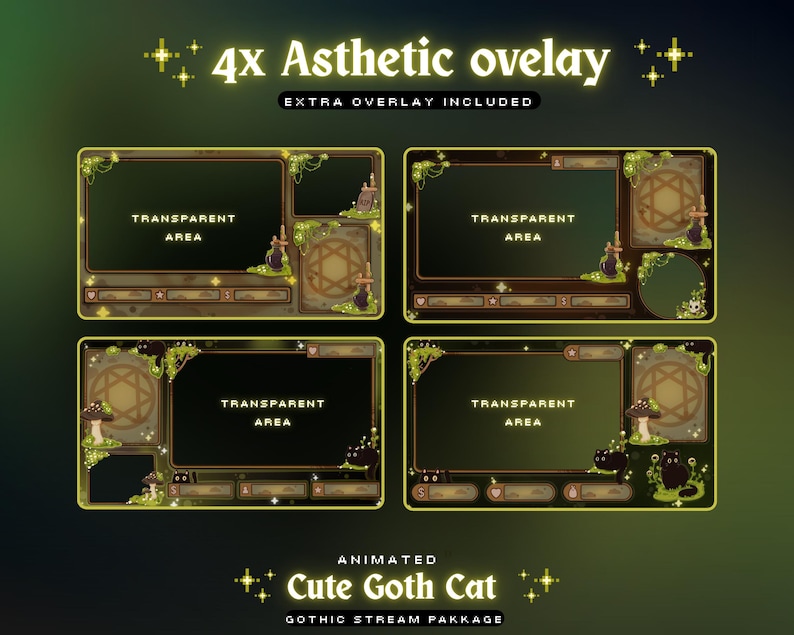 May include: Four animated "Asthetic overlay" designs for streaming, featuring a gothic theme. Each design includes a transparent area, decorative borders, and the text "Transparent Area." The phrase "Extra Overlay Included" is also present.