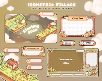 Isometric Village Stream Package for Twitch | Custom Cozy Streaming | Animated Twitch Overlay Pack | Kawaii Pastel Y2K Theme Twitch Package