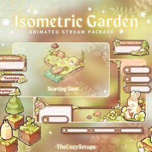 May include: An animated stream package titled "Isometric Garden" with a garden theme. The design includes various elements such as a starting soon screen, new follower and subscriber alerts, and social media buttons. The color palette is soft with a focus on greens and browns.