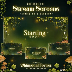 May include: A set of digital stream screens featuring a dark green forest theme with glowing yellow mushrooms, hanging vines, and small white flowers. The screens display the text Starting Soon, Offline Stream, Be Right Back, and Ending Soon.