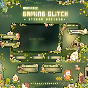 Peut inclure: Un pack de streaming gaming glitch animé dans des tons verts avec des vignes fleuries, des marguerites et de petites créatures. L'interface comprend des étiquettes pour les réseaux sociaux, Twitter, chat, abonné et nouveau suiveur en pixel art.