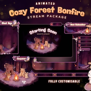 Könnte beinhalten: Animiertes "Cozy Forest Bonfire" Stream-Paket mit dunkelviolettem Hintergrund. Das Paket enthält Chat-Boxen, einen "Starting Soon"-Bildschirm und Abonnentenbenachrichtigungen. Das Design zeigt Waldtiere um ein Lagerfeuer, mit dem Text "FULLY CUSTOMISABLE".