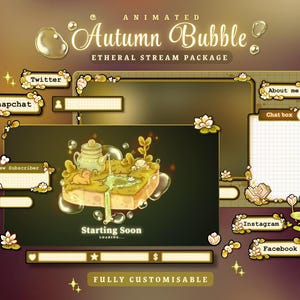Puede incluir: Un paquete de transmisión digital animado con un tema otoñal. El diseño presenta una combinación de colores verde oscuro y dorado con acentos florales y burbujas. El texto incluye "Autumn Bubble" e iconos de redes sociales.
