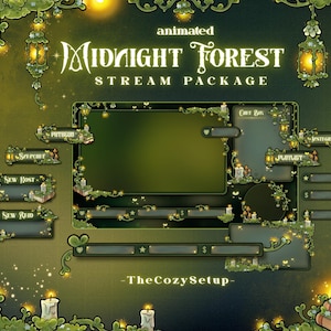 May include: An animated Midnight Forest stream package featuring dark green overlays with glowing lanterns, candles, and vine motifs. Includes frames for chat boxes, alerts, and social media buttons with text labels like Patreon, Instagram, and New Raid.