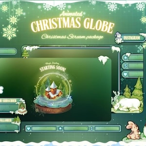 Peut inclure: Ensemble de flux de Noël animé avec un thème hivernal vert et blanc. La conception comprend un globe de neige, des flocons de neige et des personnages de dessins animés. Le texte comprend "Christmas Globe" et "Starting Soon!"