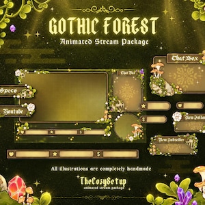 Puede incluir: Un paquete de superposición para streaming titulado Gothic Forest, con marcos verde oscuro y dorados decorados con flores blancas, setas y cristales. Incluye etiquetas para Chat Box, Specs, Youtube, New Follower y New Subscriber.