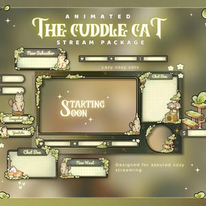 The Cuddle Cat Animated Stream Package, Twitch screen, Black Cat Overlay Stream Package, Cat Twitch Cute Twitch Overlay Vtuber star overlay