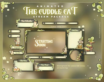 The Cuddle Cat Animated Stream Package, Twitch screen, Black Cat Overlay Stream Package, Cat Twitch Cute Twitch Overlay Vtuber star overlay