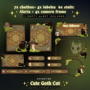 May include: A digital art package with a cute goth cat theme. The design includes chat boxes, labels, static alerts, and camera frames. The graphics feature a black cat, mushrooms, and a skull, with the text "Cute Goth Cat".