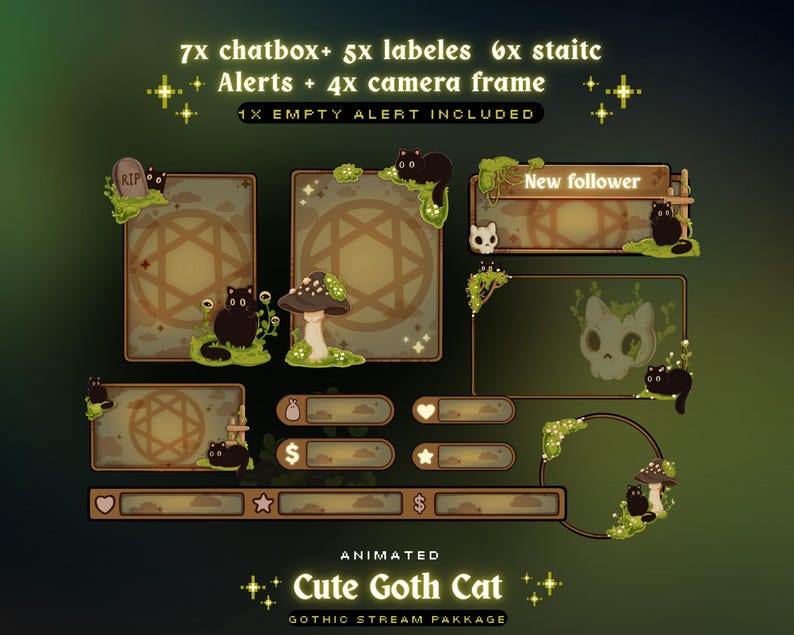 May include: A digital art package with a cute goth cat theme. The design includes chat boxes, labels, static alerts, and camera frames. The graphics feature a black cat, mushrooms, and a skull, with the text "Cute Goth Cat".