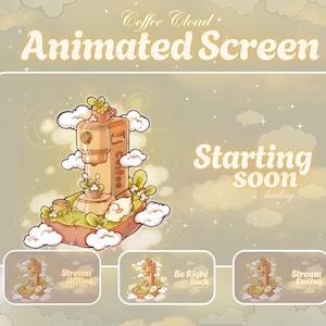 Op de afbeelding: Geanimeerd schermontwerp met een illustratie van een koffiemachine, wolken en de tekst "Coffee Cloud Animated Screen" en "Starting soon". Bevat drie kleinere illustraties met tekst: "Stream Offline", "Be Right Back" en "Stream Ending".