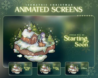 4 pantallas isométricas acogedoras para transmisión navideña en Twitch, temática de bosque invernal, gráfico navideño para transmisión en vivo.