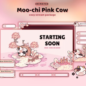 Moo-chi Pink Cow Stream Pack | Animated Cozy Stream Overlay Package | Animated twitch screens | Pastel Pink Theme Set | Custom Stream Pack