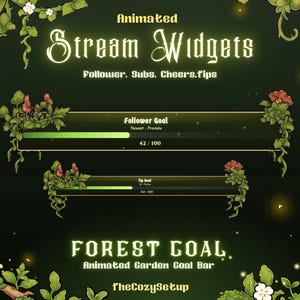 Peut inclure: Widgets de flux animés sur le thème de la forêt avec des vignes vertes, des feuilles et des petits champignons. L'affichage comprend des barres d'objectifs intitulées Follower Goal et Tip Goal, avec le texte Animated Stream Widgets, Forest Goal.