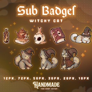 Puede incluir: Una colección digital de insignias de gato brujo que incluye una botella de poción, una tetera sobre un libro, una vela de calavera, un libro de hechizos y gatos con sombreros de mago. El texto dice Sub Badges, Witchy Cat, Handmade, The Cozy Setup, 12px, 72px, 56px, 36px, 28px, 18px.