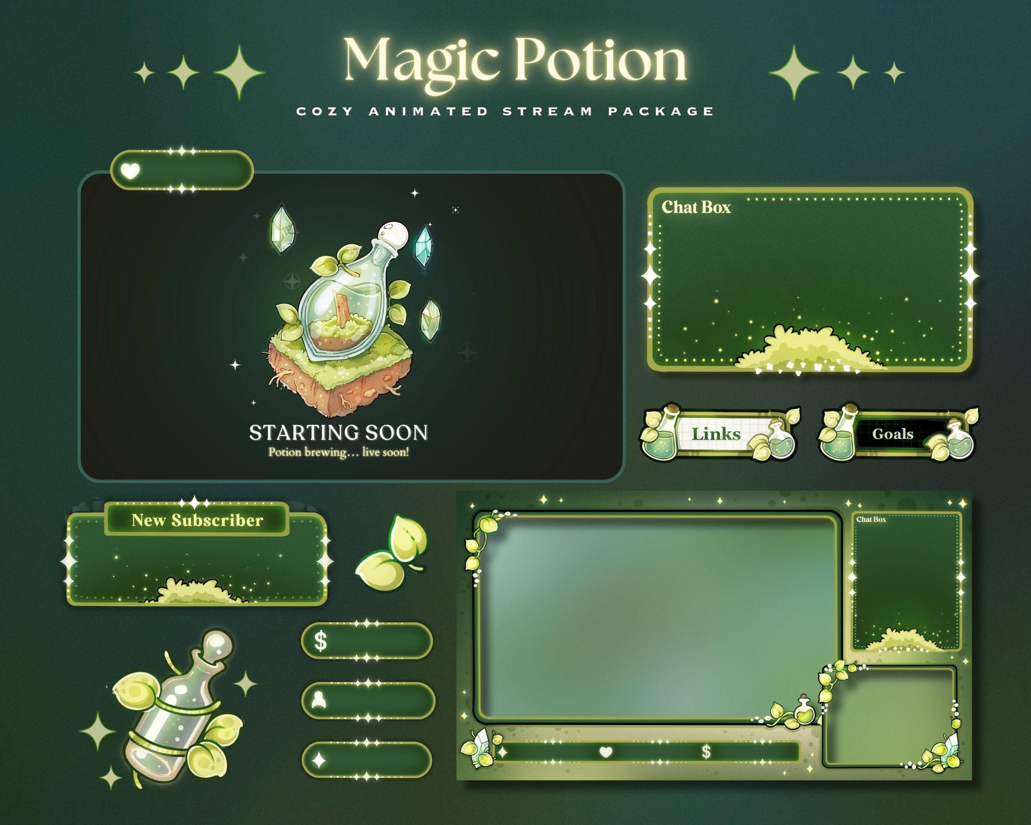 Magic Potion Stream Package for Twitch | Custom Cozy Streaming | animation twitch overlays package | Kawaii Pastel Theme Twitch Package