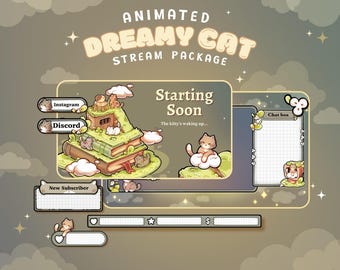 Dreamy Cats Stream Package for Twitch | Custom Cozy Night Streaming | Animated Twitch Overlay Pack | Kawaii Pastel Theme Twitch Package