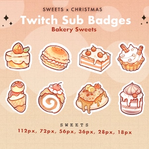 May include: Eight cartoon illustrations of bakery sweets, such as cakes and pastries, in a light orange and white palette. The image includes the text "SWEETS x CHRISTMAS" and "Twitch Sub Badges", with "Bakery Sweets" below, suitable for digital use.