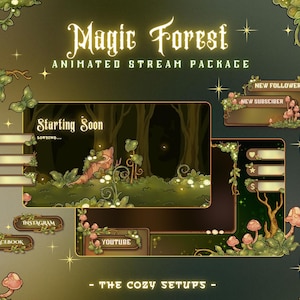 May include: An animated stream package with a forest theme. The design features a dark green background with the words "Magic Forest" and "Animated Stream Package". It includes animated overlays, panels, and alerts with mushroom and forest elements. The text "Starting Soon" is visible.