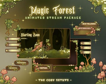 Animated Magic Forest Stream Package, Twitch screen, Cozy Forest Overlay Stream Package, Night Twitch Cute Overlay Vtuber star overlays