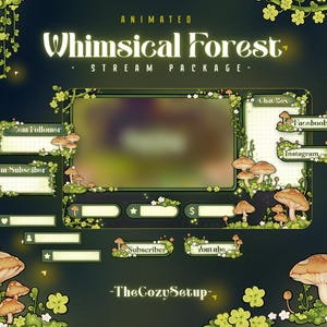 Könnte beinhalten: Ein digitales Stream-Paket mit dem Titel Animated Whimsical Forest von TheCozySetup. Das Set besteht aus dunkelgrünen Overlays, die mit hellgrünen Kleeblättern, kleinen weißen Blüten und braunen Pilzen verziert sind, inklusive Beschriftungen für Chat, soziale Medien und Follower.