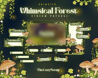 Animated Whimsical Forest Stream Package, Twitch screen, Cozy Forest Overlay Stream Package, Night Twitch Cute Overlay Vtuber star overlays