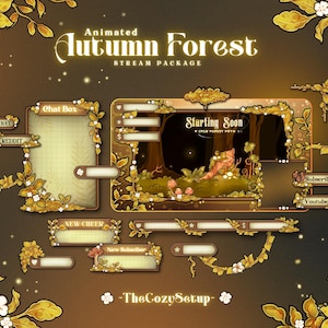 Op de afbeelding: Een geanimeerd stream-pakket met een herfstbos-thema. Het ontwerp heeft een warm kleurenpalet met gouden en bruine accenten, inclusief bloemen- en bladelementen. Het pakket bevat chatboxen, meldingen en een "Starting Soon"-scherm.