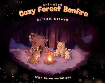 4x Animated Cozy Forest Bonfire Stream Screen | Cute Reindeer lofi Night Screen | Night Forest Animals Bonfire camp | Bunny, Bear, Reindeer