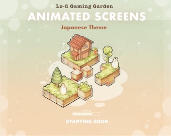 4 pantallas de transmisión animadas de jardín de juegos lofi / Pantallas de transmisión isométricas acogedoras para Twitch / Paquete de Twitch con temática japonesa kawaii / Twitch de conejo