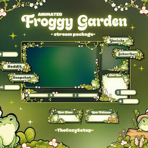 Animated Froggy Garden Stream Package, Twitch screen, Cozy Forest Overlay Stream Package, Night Twitch Cute Overlay Vtuber star overlays