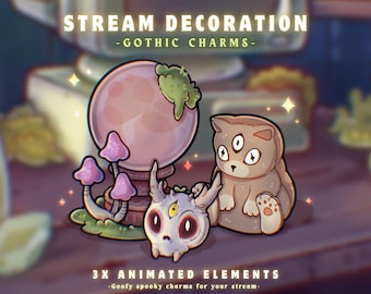 3x Animated Spooky Props Stream Decoration | Gothic Magical Cat, Skull, Spell Stream Decor Elements