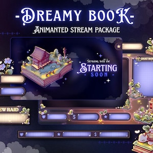 Puede incluir: Un paquete de transmisión de arte digital con un tema de ensueño. El diseño presenta un libro con una casa de estilo japonés, un cuadro de chat y otros elementos animados. El texto "-Dreamy Book-" y "Animated Stream Package" se muestran en la parte superior.