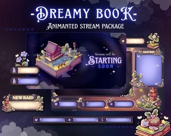 May include: A digital art stream package with a dreamy theme. The design features a book with a Japanese-style house, a chat box, and other animated elements. The text "-Dreamy Book-" and "Animated Stream Package" are displayed at the top.