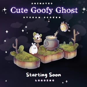 Peut inclure: Écran de diffusion animé "Cute Goofy Ghost" avec un design fantaisiste. Comprend un chaudron, des fantômes flottants et des plateformes avec de la verdure. Le texte inclut "Starting Soon" et "Loading" sur fond sombre étoilé.