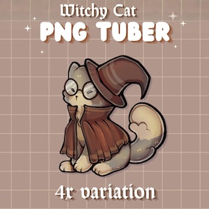 Puede incluir: Una ilustración digital de un gato con un sombrero de bruja marrón, gafas redondas y una capa marrón. El texto Witchy Cat PNG TUBER y 4r variation aparece en fuente blanca sobre un fondo de cuadrícula marrón claro con pequeñas estrellas.