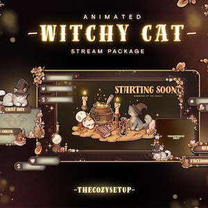 May include: Animated "Witchy Cat" stream package in brown and gold tones. The design includes a cartoon cat in a witch hat, candles, potions, and mushrooms. Text elements include "Starting Soon", "Chat Box", and social media icons for Reddit and Facebook.