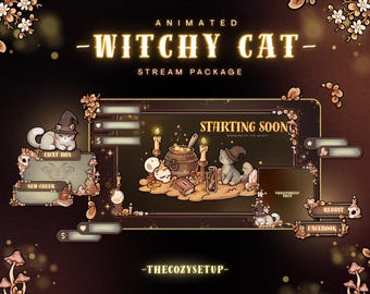 Animated Witchy Cat Stream Package, Twitch screen, Cozy Magical Overlay Stream Package, Magic skull Twitch Cute Overlay Vtuber star overlays