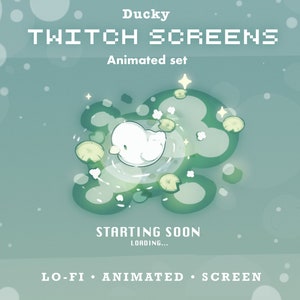 May include: Animated Twitch screen overlay featuring a white ducky floating on lily pads in a green pond. The text "Ducky Twitch Screens" and "Animated set" is displayed at the top of the screen. The text "Starting Soon" and "Loading..." is displayed in the lower center of the screen. The text "LO-FI - ANIMATED - SCREEN" is displayed at the bottom of the screen.