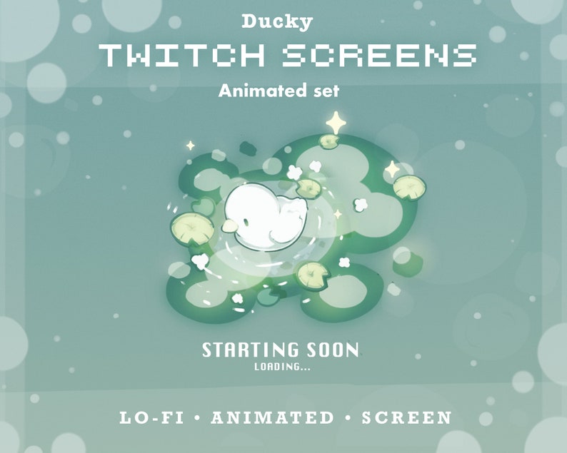 Puede incluir: Superposici&oacute;n de pantalla de Twitch animada con un patito blanco flotando sobre nen&uacute;fares en un estanque verde. El texto "Ducky Twitch Screens" y "Animated set" se muestra en la parte superior de la pantalla. El texto "Starting Soon" y "Loading..." se muestra en la parte inferior central de la pantalla. El texto "LO-FI - ANIMATED - SCREEN" se muestra en la parte inferior de la pantalla.