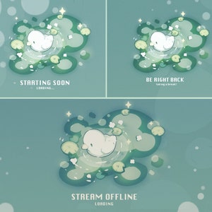 Puede incluir: Una pantalla de transmisi&oacute;n en l&iacute;nea animada en verde y blanco con un p&aacute;jaro blanco de dibujos animados flotando en un lecho de nen&uacute;fares. El texto "STREAM OFFLINE LOADING" est&aacute; en la parte inferior de la pantalla.