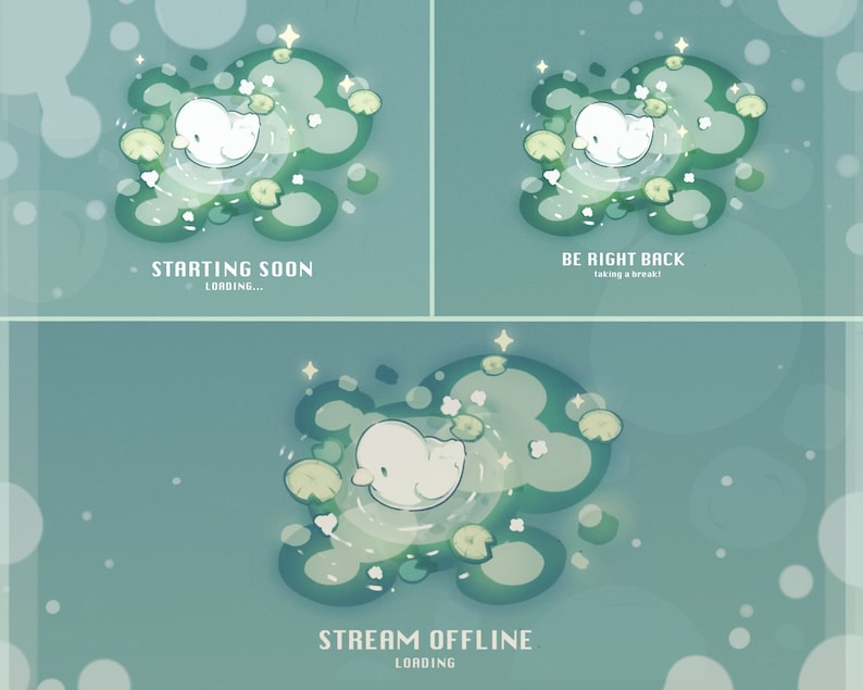 Puede incluir: Una pantalla de transmisi&oacute;n en l&iacute;nea animada en verde y blanco con un p&aacute;jaro blanco de dibujos animados flotando en un lecho de nen&uacute;fares. El texto "STREAM OFFLINE LOADING" est&aacute; en la parte inferior de la pantalla.