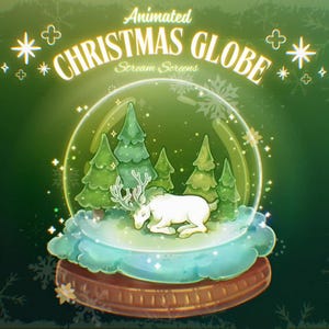 Peut inclure: Illustration d'un globe de Noël animé sur fond vert. À l'intérieur du globe, des arbres verts, un renne blanc et des flocons de neige. Le texte "Animated Christmas Globe" est en haut.