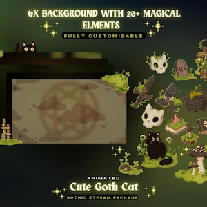 May include: An animated digital art package with a cute goth cat theme. The image features a black cat, skulls, a witch's hat, a cauldron, and other magical elements. Text includes "6X BACKGROUND WITH 20+ MAGICAL ELEMENTS" and "Cute Goth Cat".