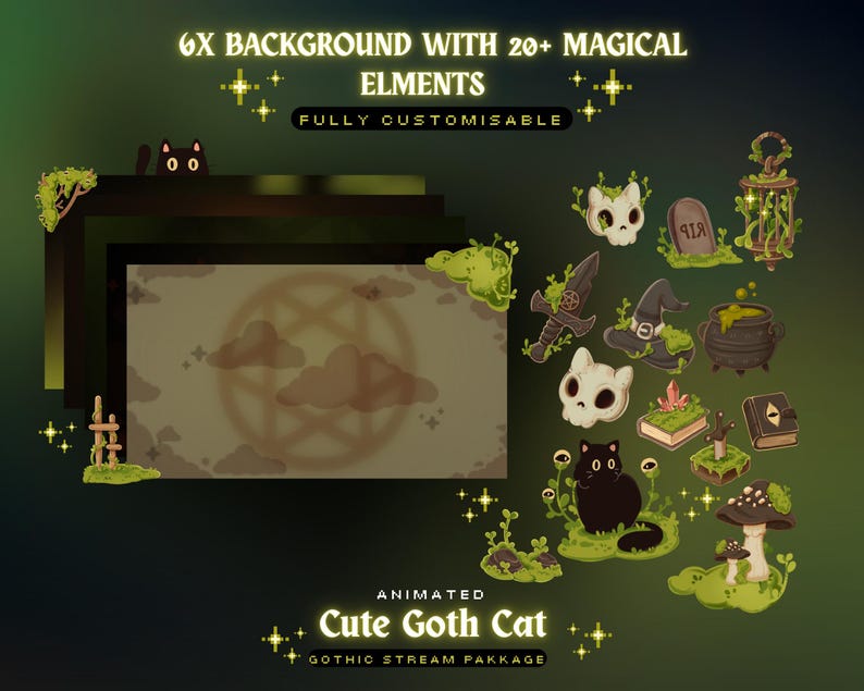 May include: An animated digital art package with a cute goth cat theme. The image features a black cat, skulls, a witch's hat, a cauldron, and other magical elements. Text includes "6X BACKGROUND WITH 20+ MAGICAL ELEMENTS" and "Cute Goth Cat".