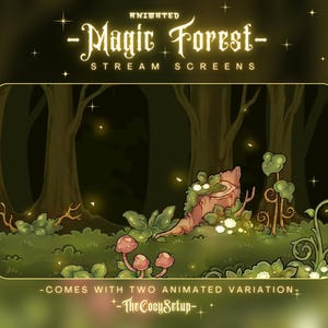 Peut inclure: Écrans de flux animés "Magic Forest". L'image présente une scène de forêt de dessin animé avec des arbres, des champignons et des lucioles scintillantes. Le texte comprend "Comes with two animated variations" et "TheCoeySetup".